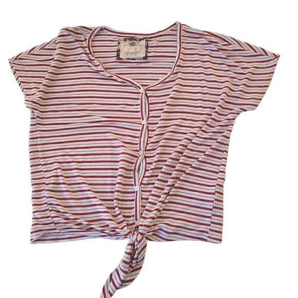 Cupio Womens Blouse Front Tie Button Short Sleeve Stripes Red Medium - Picture 5 of 11